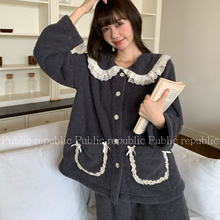 Public republic韩国冬季保暖加绒荔枝绒甜美花边开衫家居服睡衣