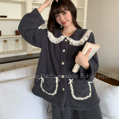 Public republic韩国冬季保暖加绒荔枝绒甜美花边开衫家居服睡衣