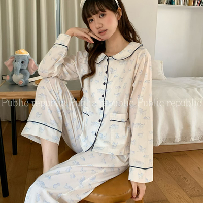 Public re Public韩国纯棉小清新简约可爱猫咪娃娃领家居服睡衣