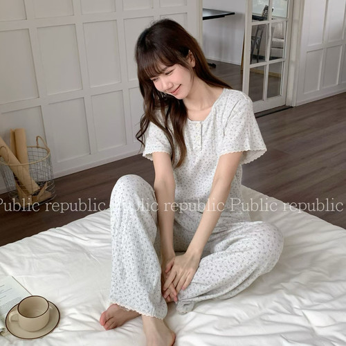 Public republic韩国春夏纯棉针织棉小清新碎花短袖睡衣家居服女