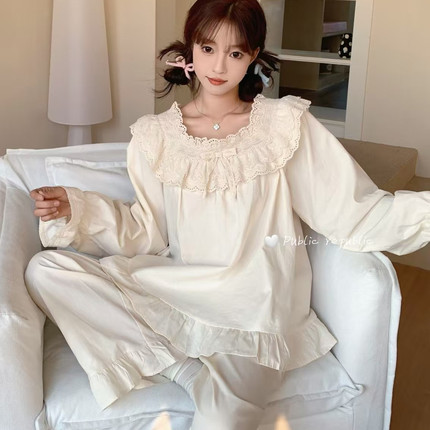 Public republic韩国纯棉简约纯色小清新可爱花边宫廷家居服睡衣