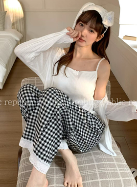 Public republic韩国秋季针织棉简约格子家居服三件套睡衣带胸垫