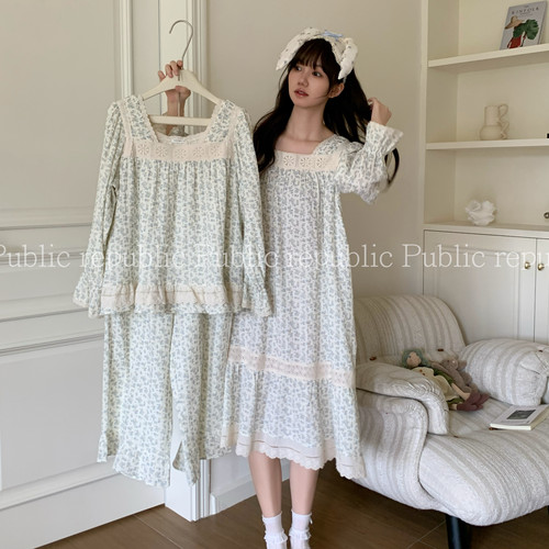 Public republic韩国纯棉纱布田园风花边碎花棉皱棉纱家居裙睡裙
