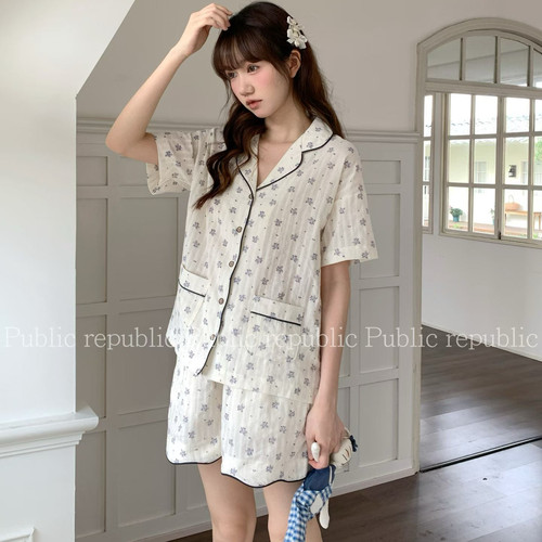 Public republic韩国夏季纯棉森系小清新碎花简约开衫家居服睡衣