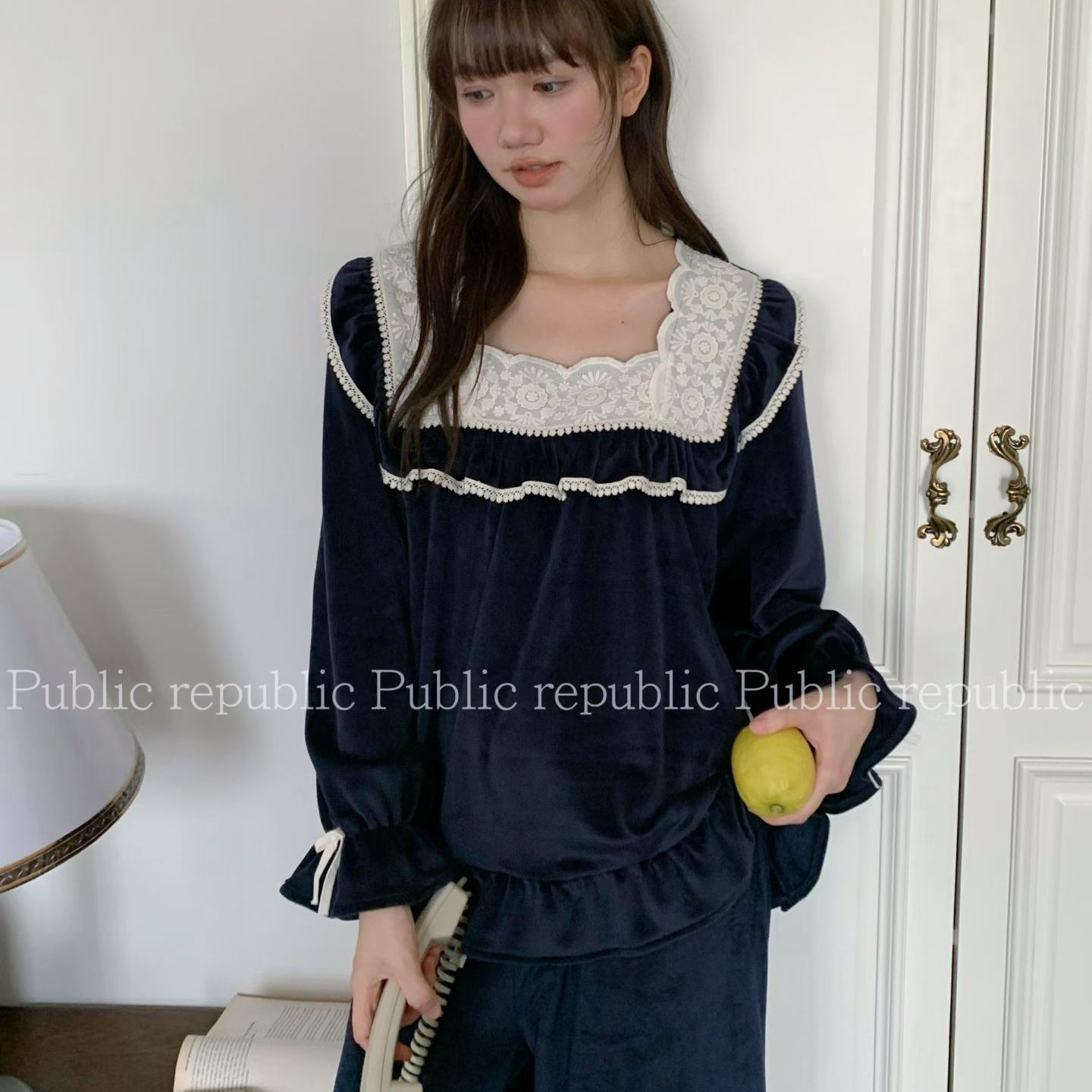 Public republic韩国冬季保暖加绒薄绒银狐绒柔软法式花边家居服