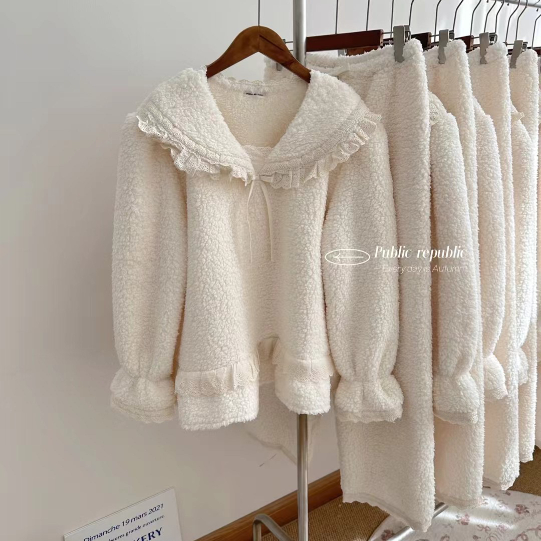 Public republic韩国加绒毛绒珊瑚绒羊羔绒可爱少女花边家居服女