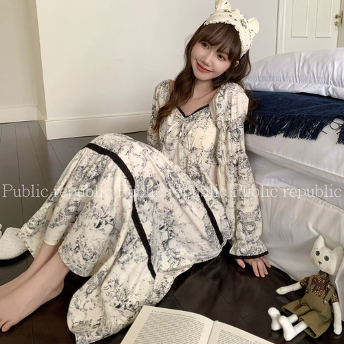 Public republic韩国秋季纯棉水墨风素雅花边带胸垫睡裙家居服女