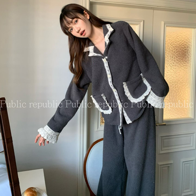 Public republic韩国冬季保暖加绒荔枝绒简约开衫花边家居服套装