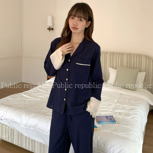 Public republic韩国春季纯棉简约气质小香风刺绣花边开衫家居服