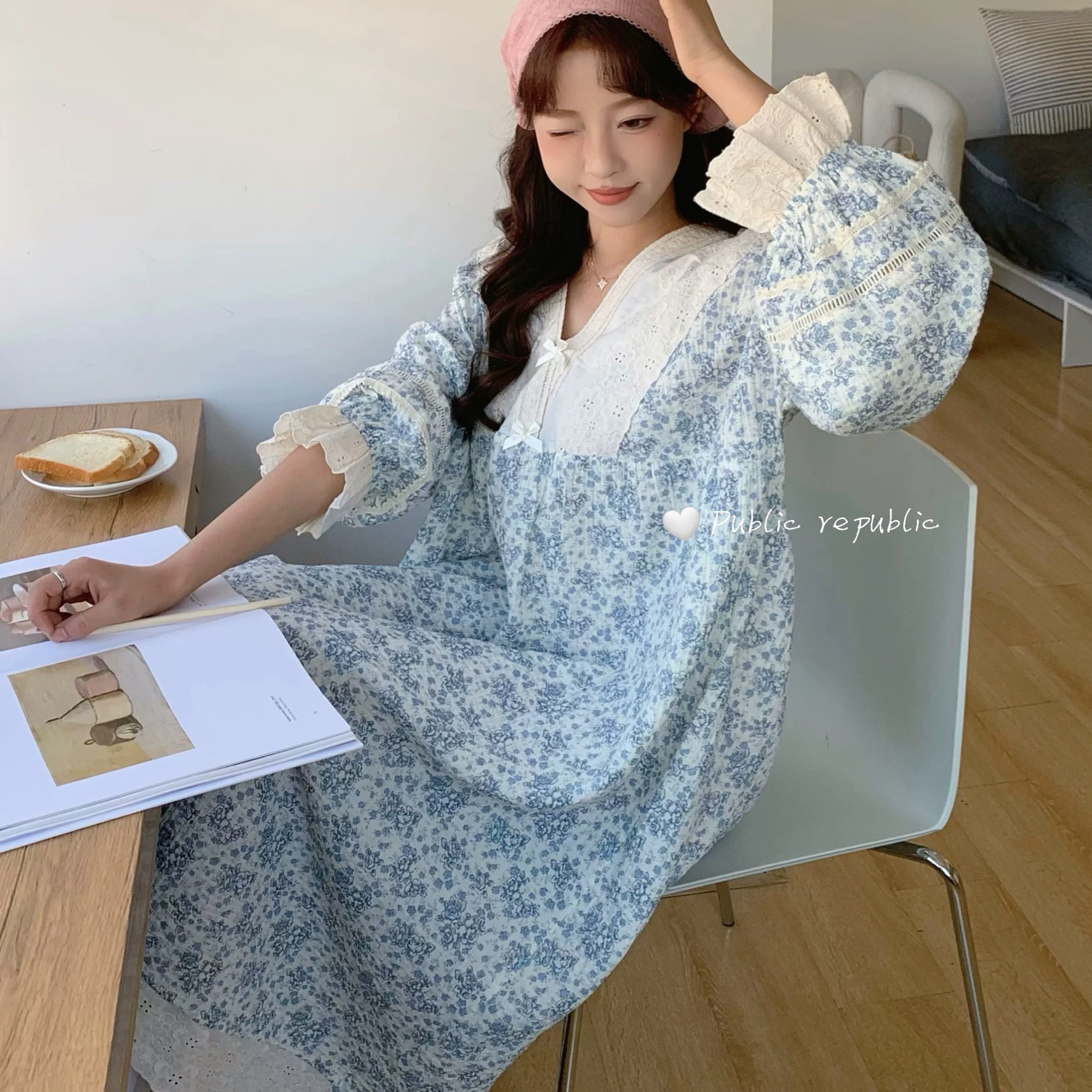 Public republic韩国纯棉双层纱布田园风碎花长袖睡裙睡衣家居服