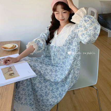 Public republic韩国纯棉双层纱布田园风碎花长袖睡裙睡衣家居服