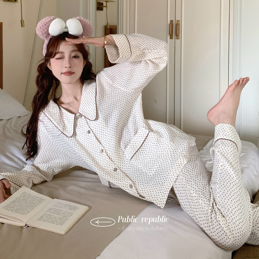 Public re Public韩国纱布棉纱纯棉简约开衫碎花睡衣套装家居服女