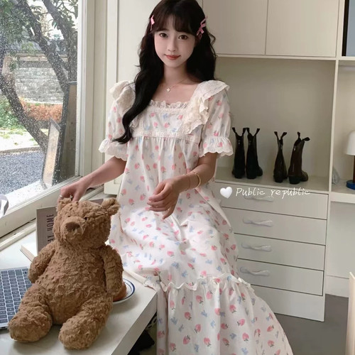 Public republic韩国夏季纯棉少女草莓蕾丝花边家居服睡衣睡裙女