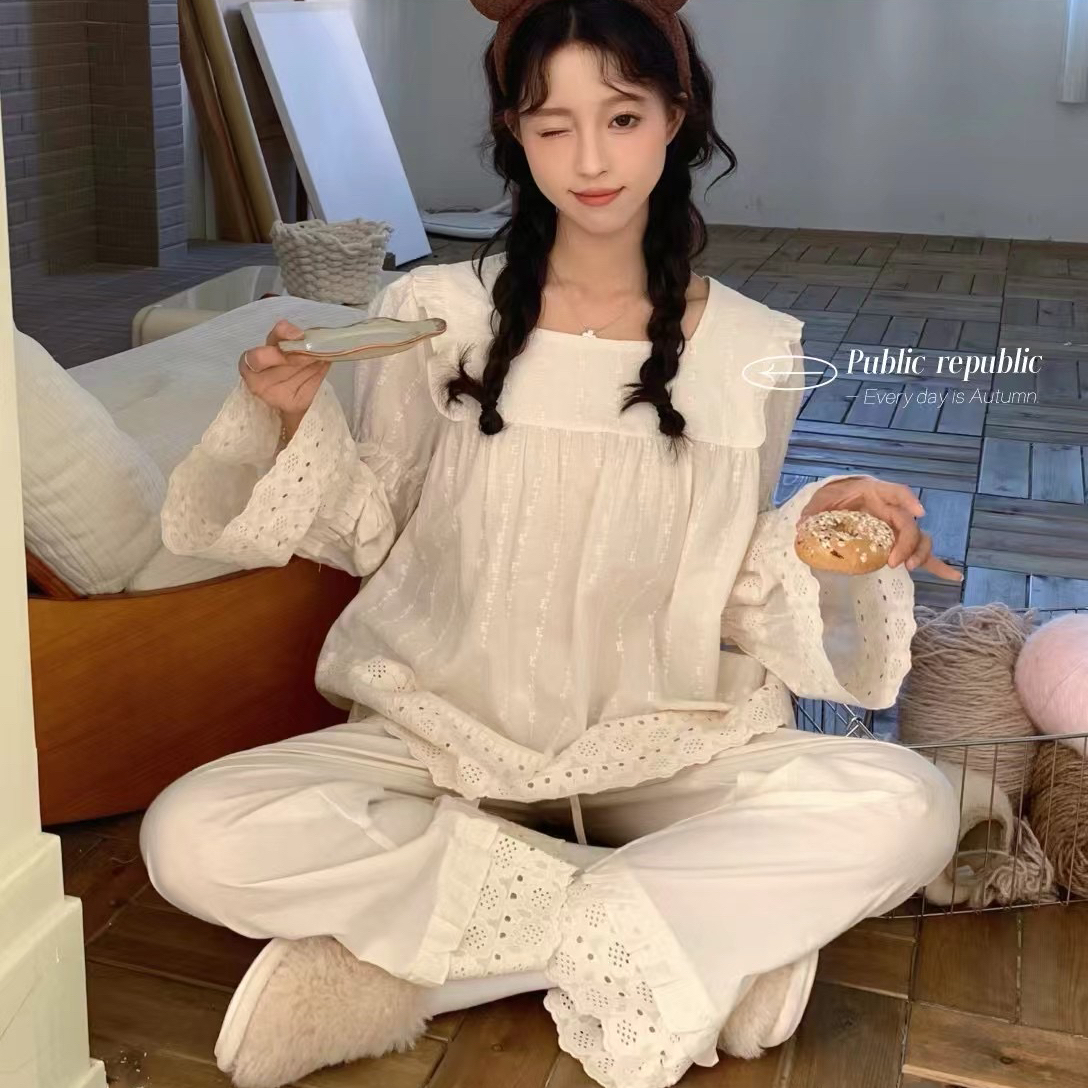 Public re Public春秋纯棉公主法式宫廷风镂空花边家居服套装睡衣