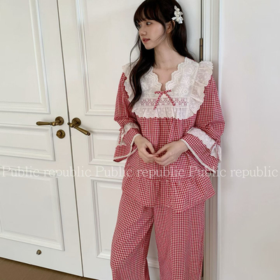Public republic韩国秋季纯棉甜美少女刺绣花边格子家居服睡衣女