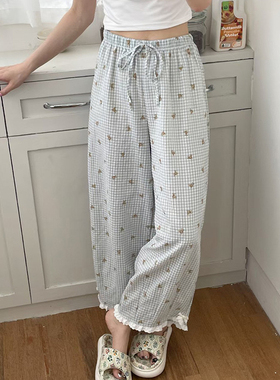 Public re Public韩国纯棉简约格子可爱小熊花边碎花睡裤家居裤女