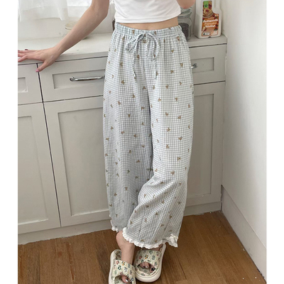 Public re Public韩国纯棉简约格子可爱小熊花边碎花睡裤家居裤女