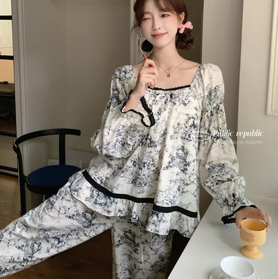 Public re public韩国纯棉复古水墨花卉文艺花边睡衣家居服带胸垫