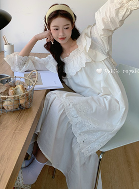 Public republic韩国纯棉法式甜美宫廷风刺绣花边睡裙家居服睡衣