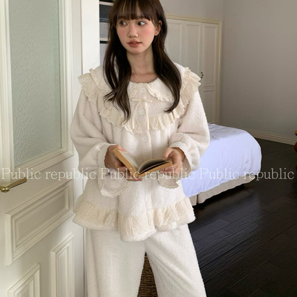 Public republic韩国加绒荔枝绒甜美花边娃娃领开衫家居服套装女
