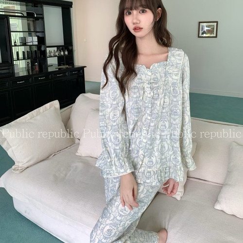 Public republic韩国纯棉复古印花法式宫廷风花边家居服睡衣女