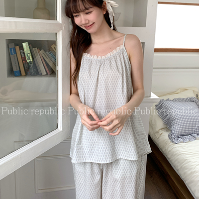 Public republic韩国纯棉碎花蕾丝花边小清新吊带套装家居服睡衣