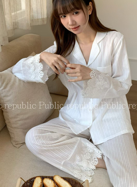 Public republic韩国春季纯棉简约甜美刺绣蕾丝花边开衫家居服女