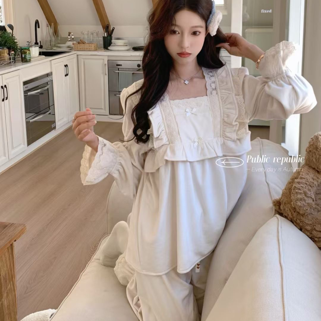 Public republic韩国加绒海岛绒甜美法式宫廷花边家居服套装睡衣
