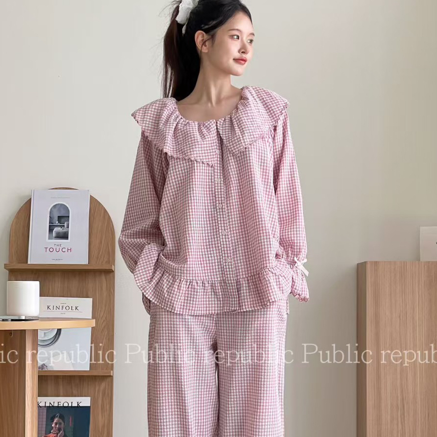 Public republic韩国纯棉泡泡棉花边格子娃娃领开衫家居服睡衣女