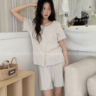 Public republic韩国夏季纯棉针织棉简约气质花边开衫家居服睡衣