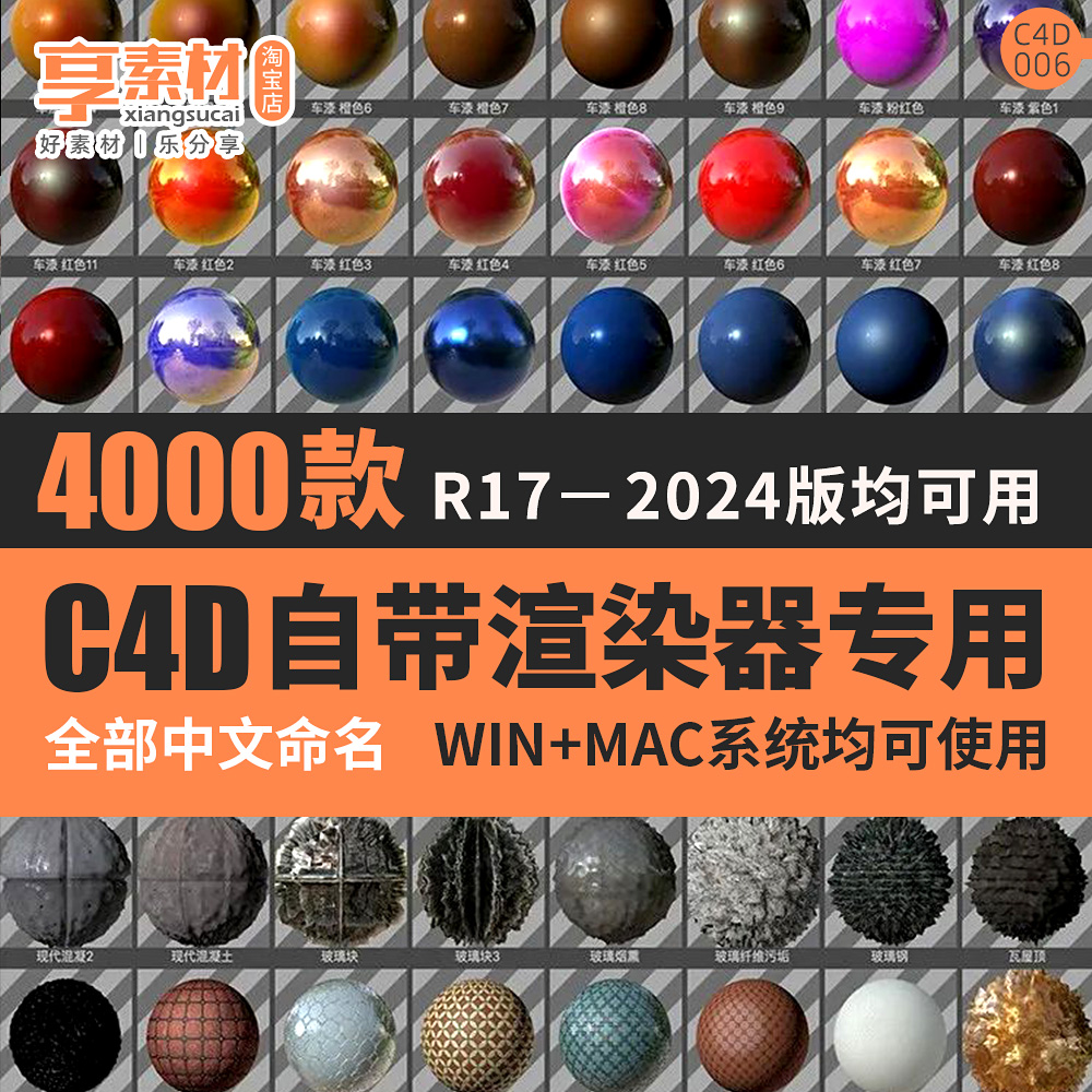 C4D自带渲染器材质球素材贴图库预设包玻璃金属卡通水果液体皮肤 商务/设计服务 设计素材/源文件 原图主图