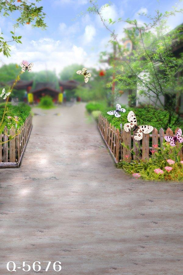 影楼摄影专用虚化风景背景图儿童室外拍照仿真街道蝴蝶pp纸无纺布