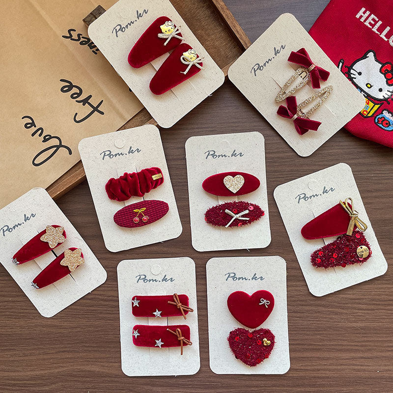 新款韩式红色系新年款发夹布艺手工儿童掰掰夹蝴蝶结甜美刘海夹女