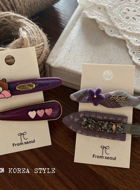 韩国新款紫色布艺丝绒发夹卡通可爱立体花朵BB夹红色小熊彩色发夹