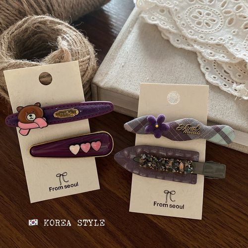 韩国新款紫色布艺丝绒发夹卡通可爱立体花朵BB夹红色小熊彩色发夹