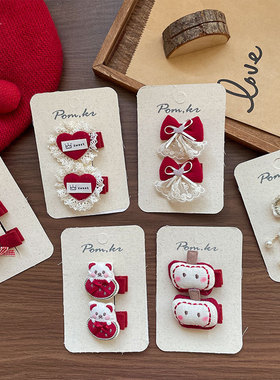 新款韩式红色系布艺发夹儿童手作卡通可爱小熊刘海夹花边鸭夹发饰