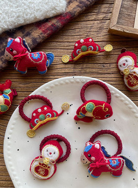 新款韩版红色系新年发饰儿童手工布艺侧边碎发刘海夹高弹力发圈女