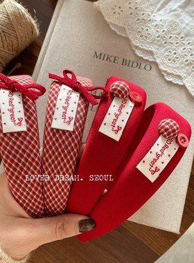 韩国新年红色格子复古发饰彩色字母蝴蝶结海绵发箍头发高颅顶发箍