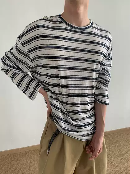 Mion Comfort Series Vacation Lazy Style Long Sleeve Lyocell Lightweight Skin-Friendly Striped T-Shirt Sun Protection for Men and Women