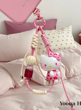手作Diy豹纹Hello Kitty手机链蜡绳手腕绳可提手机挂绳装饰链礼物