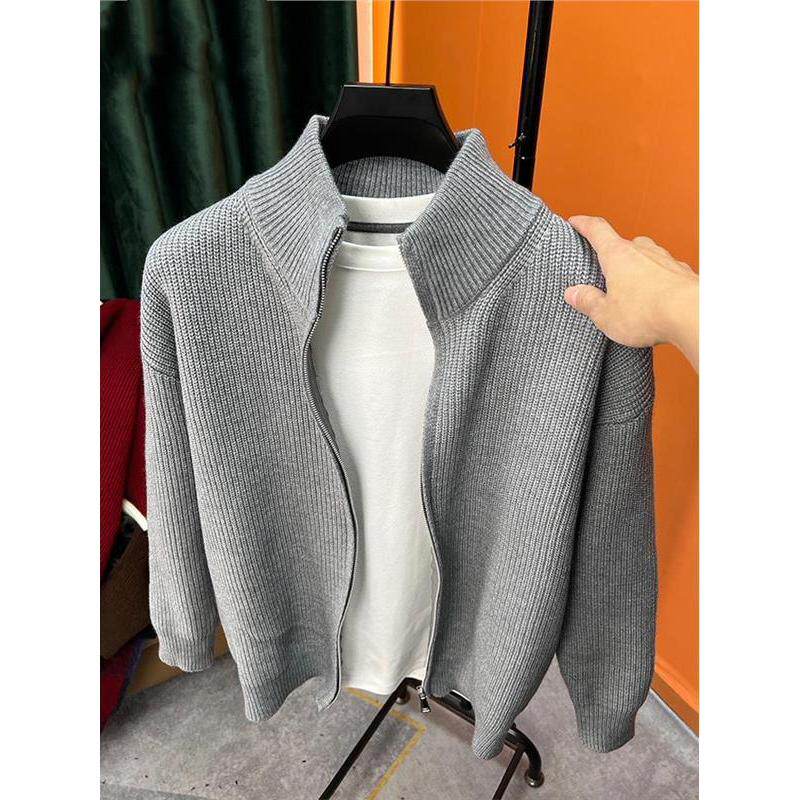 百搭纯色拉链开衫男针织衫秋冬季爆款修身毛衣外套男立领半高外搭