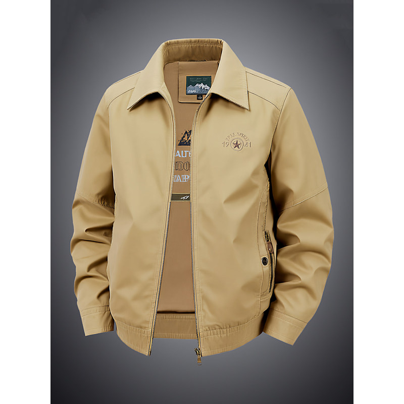 休闲宽松纯棉翻领夹克男高端绣标纯色外套秋季新款防风商务茄克衫