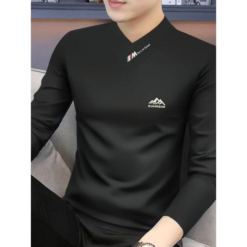 MAROLIO~高端秋冬男士长袖t恤v领时尚2025新款加绒加厚保暖上衣男