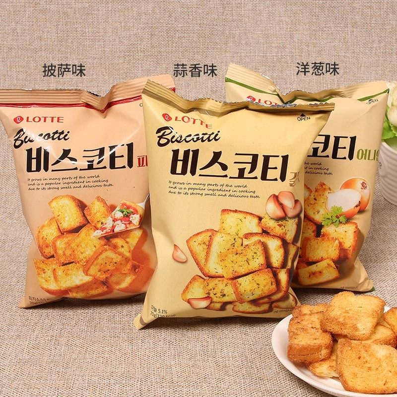 韩国进口乐天烤面包片70g蒜香披萨葱香黄油奶油面包干休闲零食