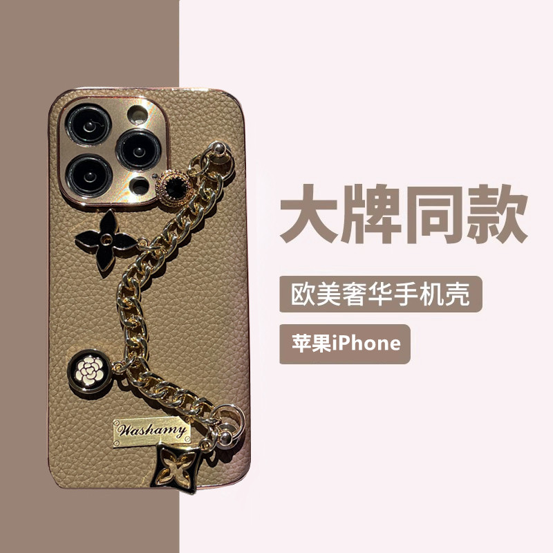 头层真皮~大牌气质！适用苹果16promax手机壳新款iphone17保护套15镜头全包防摔plus手链腕带14斜挎3背带挂绳
