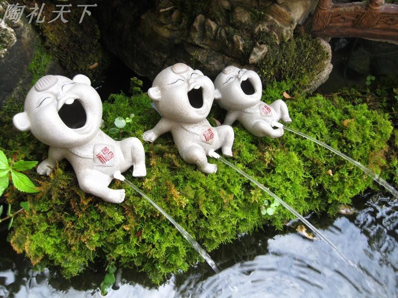 假山流水摆件水族鱼缸配件创意陶瓷喷水尿娃福娃山水盆景家居造景