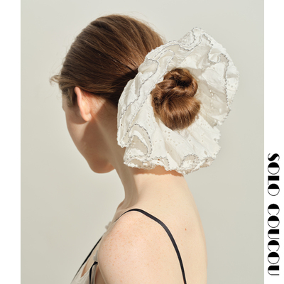 全棉刺绣双层银丝锁边发圈