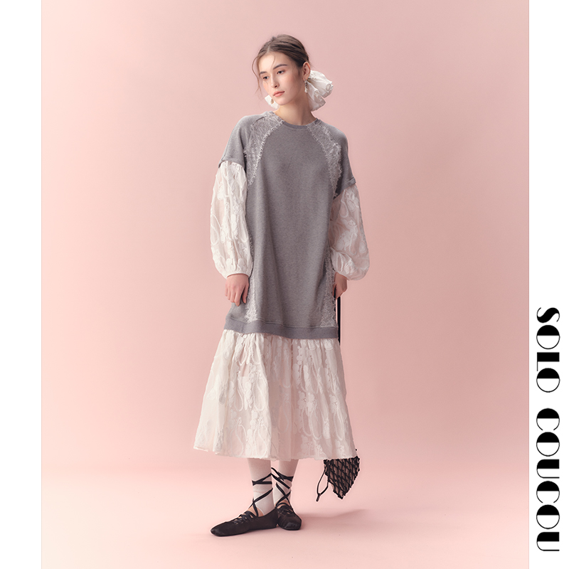 假两件灰白色刺绣长袖宽松连衣裙