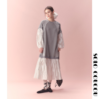 假两件灰白色刺绣长袖宽松连衣裙