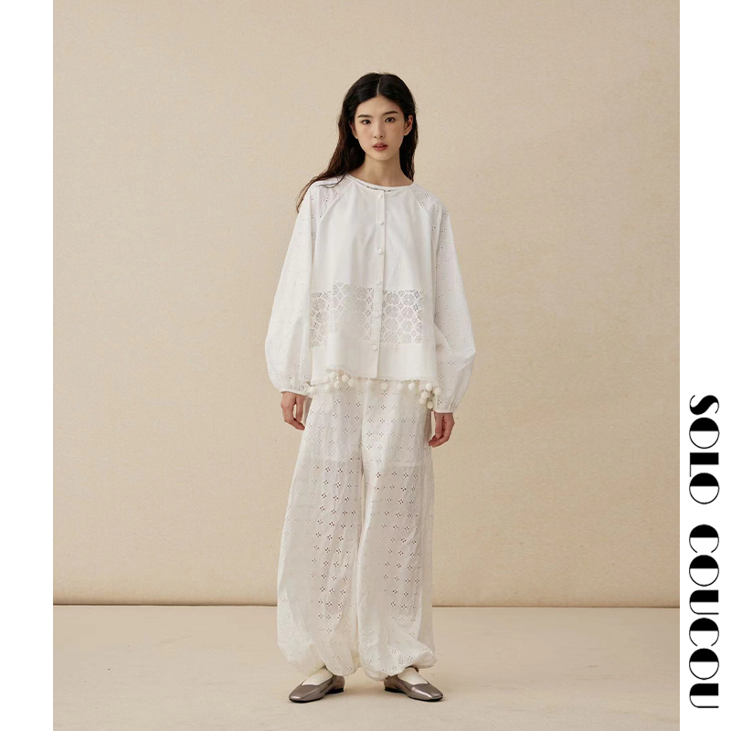 SoloCoucou索乐原创设计法精梳棉刺绣慵懒显瘦松紧腰百搭气球长裤